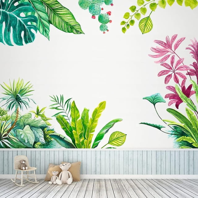 BR Calcomanías de pared de plantas verdes tropicales para dormitorio y sala de estar - Murales de pared de hojas rojas
