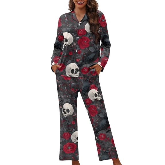 Garronmavis Skull Rose Crow Halloween Pajamas Pants for Women Button Down Long Sleeve Top and Pants leepwear 2 Piece PJS Sets Loungewear with Pockets