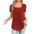 thumbnail image 2 of VERUGU Women's Casual Short Sleeve Tunic Top Pleated Square Neck Flowing Hem Shirts Summer Solid Loose Comfy Blouse for Leggings Wine XL, 2 of 4