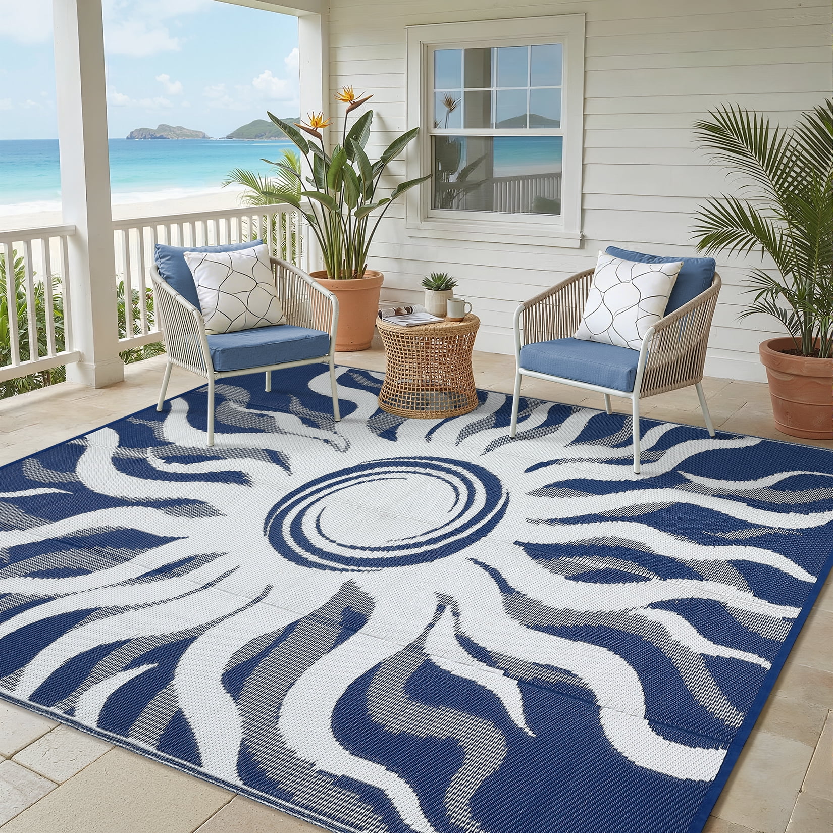 HIWEAVER Navy 9'x 12' Outdoor Rug Garden Decor Abstract Sun Pattern Carpet Plastic Straw Waterproof Reversible Patio Area Rug for Balcony Deck Picnic Portable Camping Mat