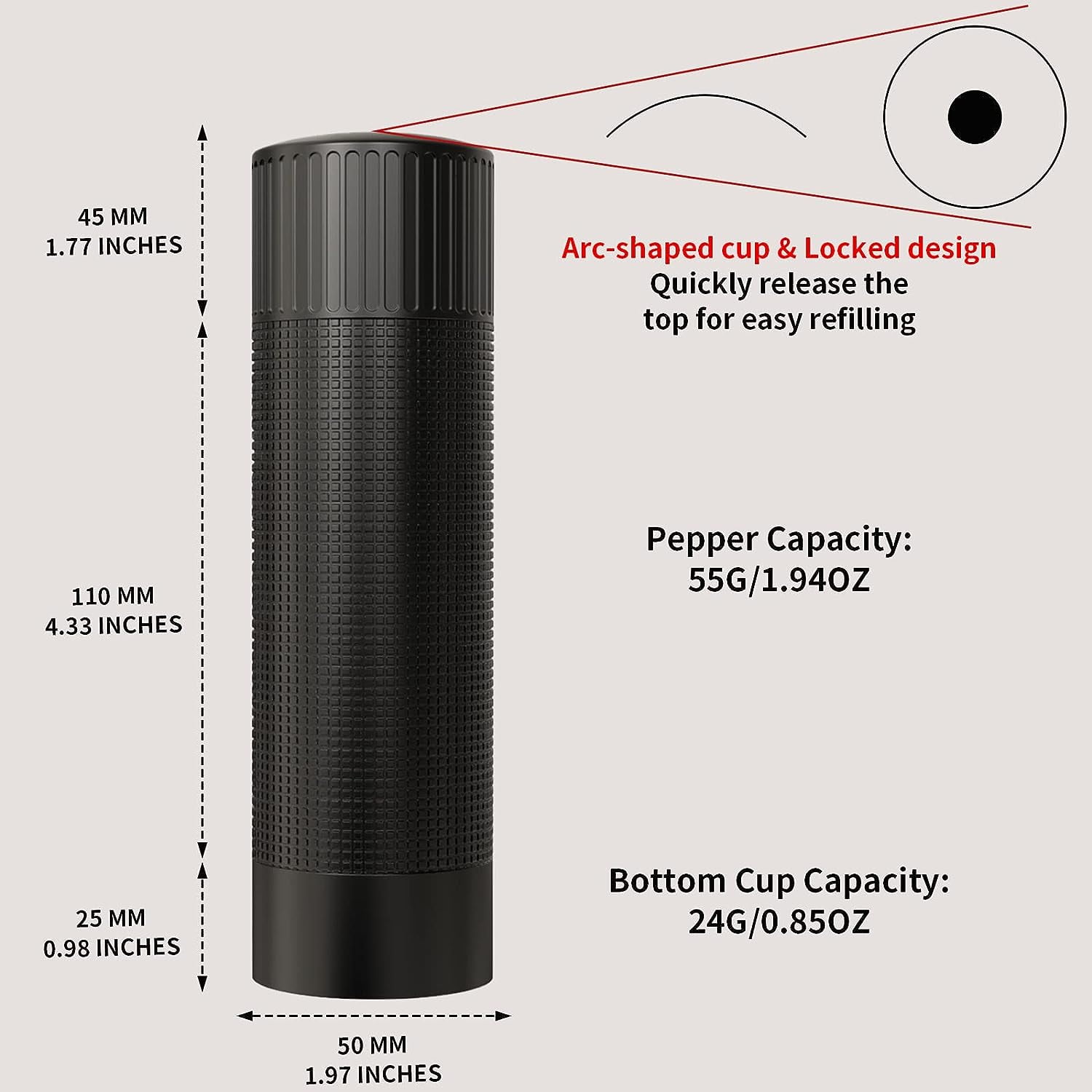 WhiteRhino Professional Pepper Grinder Mill, High Output with Stainless Steel Burrs Adjustable Coarseness Peppercorn Grinder