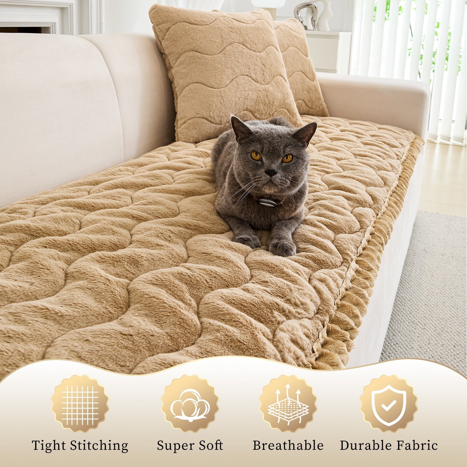 CJC Sofa Cover Fuzzy Couch Cover for Pets Dog Cat Washable Non-Slip Sofa Slipcover Cushion Protector Pets Friendly Mat (Light Brown, 28'' x 59'')