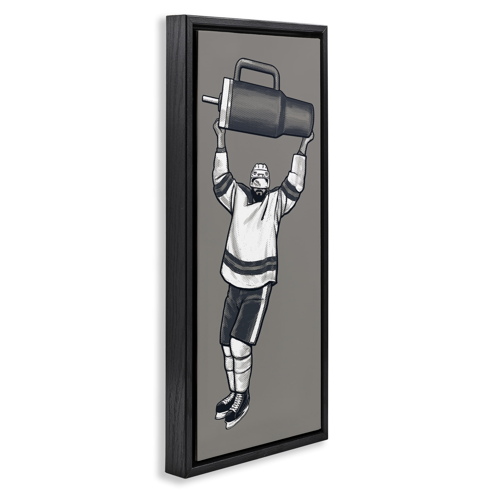 Stupell Industries Funny Hockey Trophy Pun Sports Painting Black Floater Framed Canvas Art Print Wall Art, 11 x 25