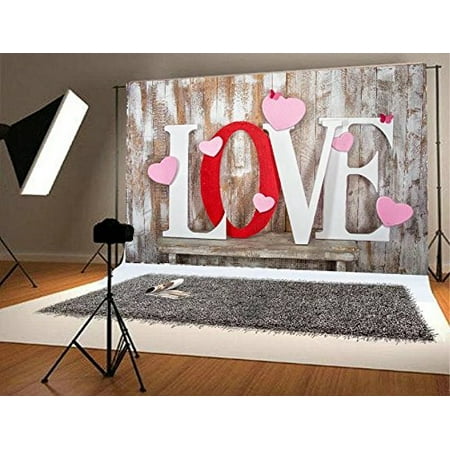 GreenDecor Polyster 7x5ft Valentine Wood Wall Photo Backgrounds Sweet Heart LOVE Photography
