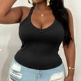 thumbnail image 2 of Women's Plus Size V Neck Ribbed Halter Tank Top, Sleeveless Cropped Fitted Cami for Summer, for Going Out, Layering or Casual Daily Wear (without Padding) Black XXXL, 2 of 6