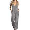 thumbnail image 2 of IUYRTFE Women V Neck Cinched Waist Wide Leg Jumpsuit Solid Color Sleeveless Romper for Summer Party Vacation Wear, 2 of 5