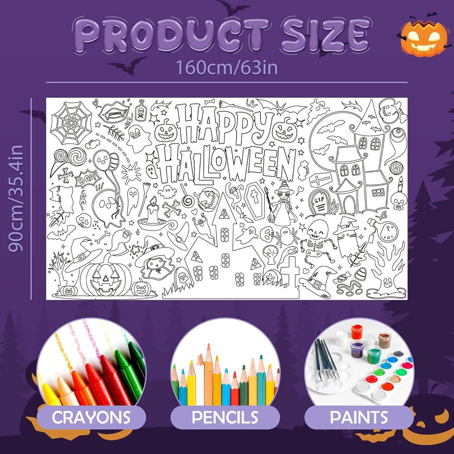 Halloween Crafts for Kids, Giant Coloring Tablecloth/Poster, Halloween Party Decorations Favors Supplies for Kids Gifts Activities Games Toys Banner