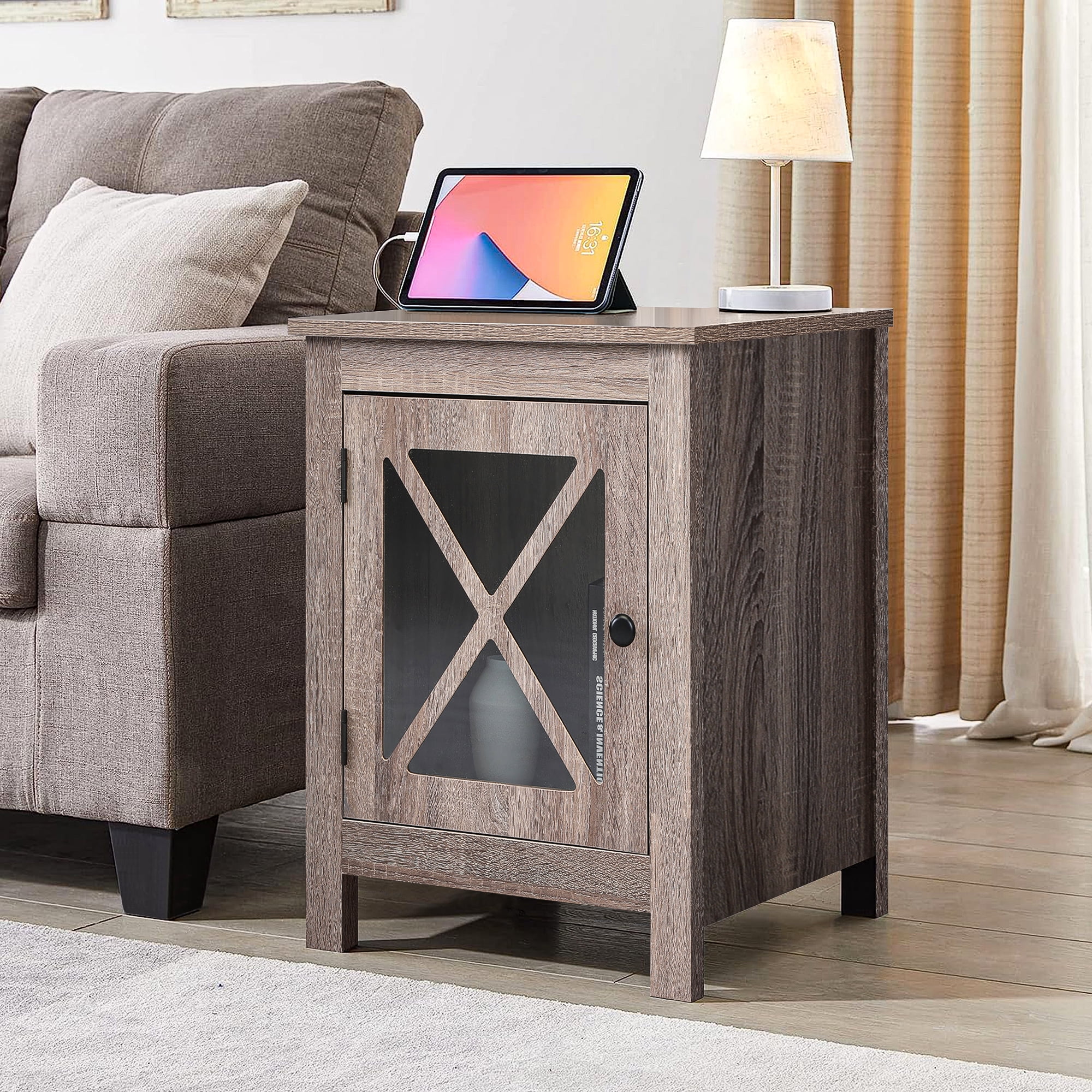 Kepooman Set of 2 Wooden Storage Cabinet with X-Design Glass Door, Farmhouse Nightstand Side End Table for Bedroom Living Room Kepooman Set of 2 Wooden Storage Cabinet with X-Design Glass Door, Farmhouse Nightstand Side End Table for Bedroom Living Room
