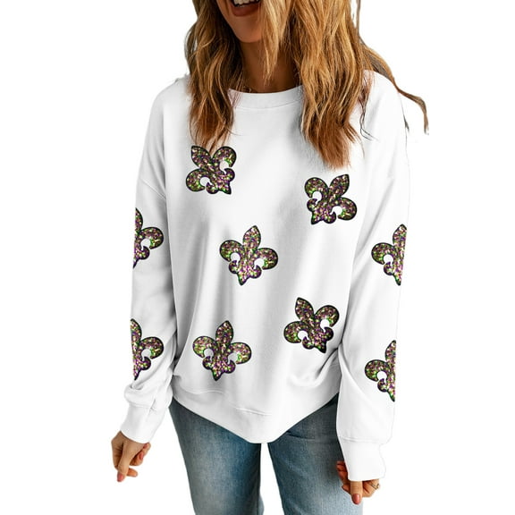 Women's White Sequined Fleur De Lis Drop Shoulder Sweatshirt for Casual Wear | [ZhiHiMeRi] | (US 20-22)2XL
