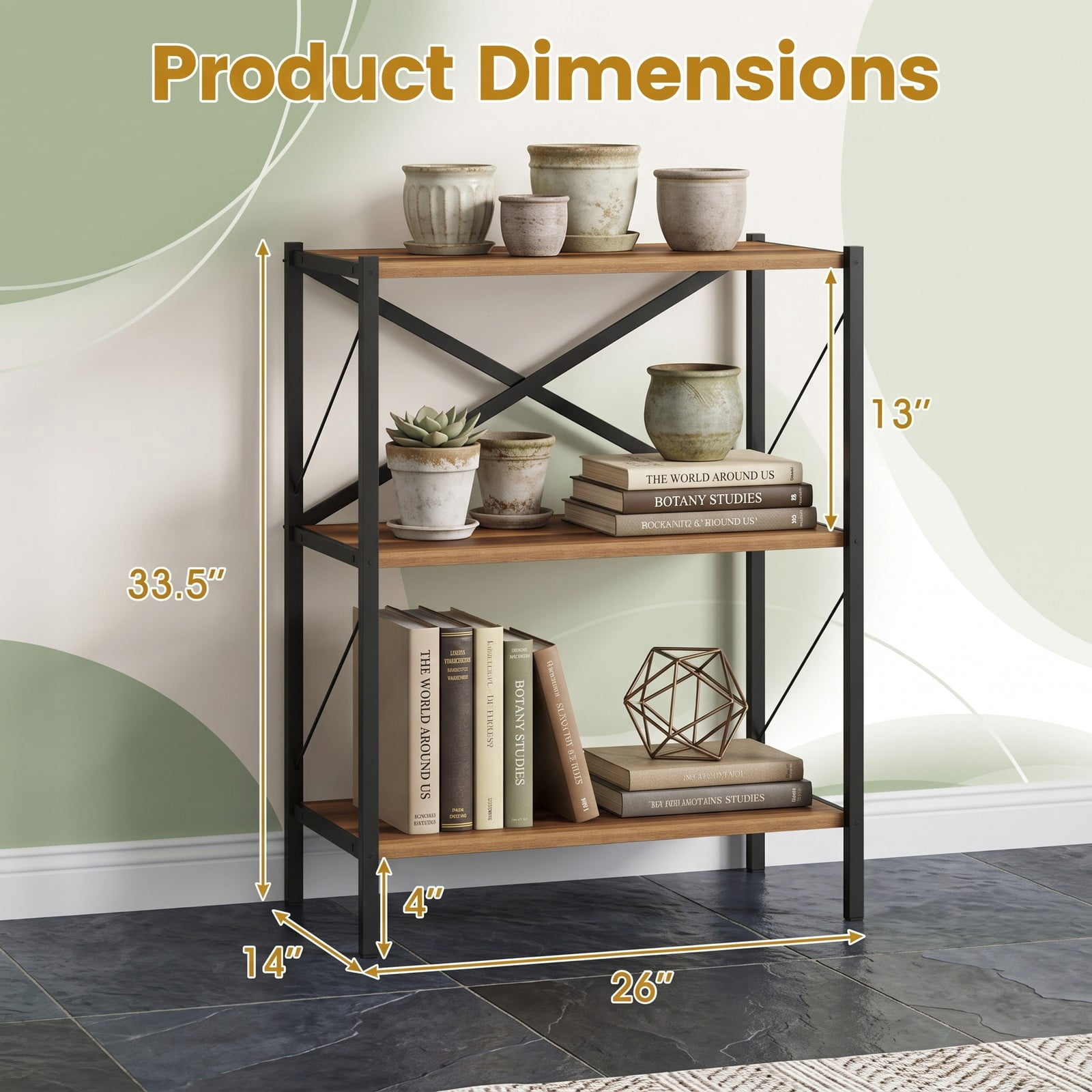 Furnibear 3-Tier Bookshelf with Heavy-Duty Metal Frame, Freestanding X-Braced Bookcase Storage Organizer Shelf with Anti-Tipping Device for Living Room, Home, Walnut