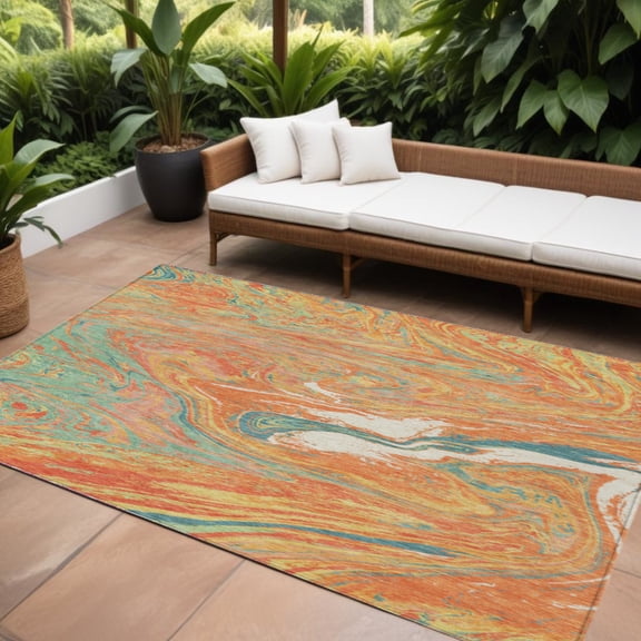 8' X 10' Orange Green And Beige Abstract Washable Indoor Outdoor Area Rug