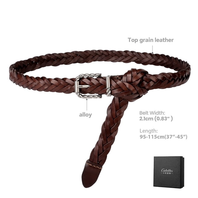 Catelles Brown Woven Top-grain Leather Women's Belt,Alloy Buckle, Durable And Stylish, Suitable for Jeans and Skirts,Gift Box &For waist 32 inches Width 0.83 inches