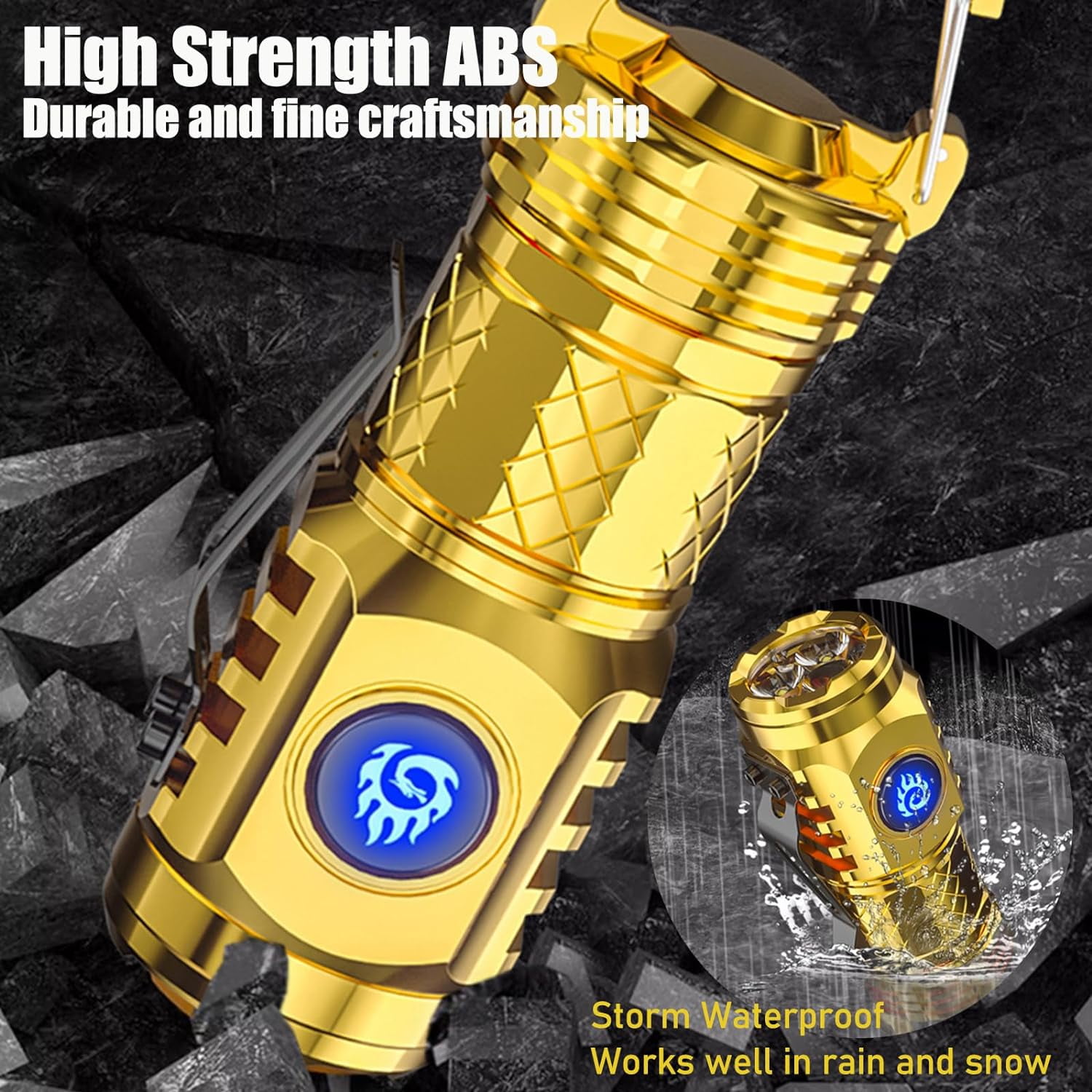 German Three-Eyed Monster Mini Flashlight Thumb Flashlight, Mini Flash Super Power Flashlight, Multi-Functional Mini Pen Clip Flashlight Light Steel High Lumen Rechargeable Waterproof (Gold)