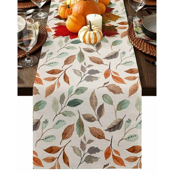 Fall Leaves Table Runner-Cotton Linen- 90 Inch Holiday Dresser Scarves, Autumn Botanical Farmhouse Plant Leaf Tablerunner for Kitchen Coffee/Dining Bedroom Home Living Room Dinner Scarf Décor 13x90