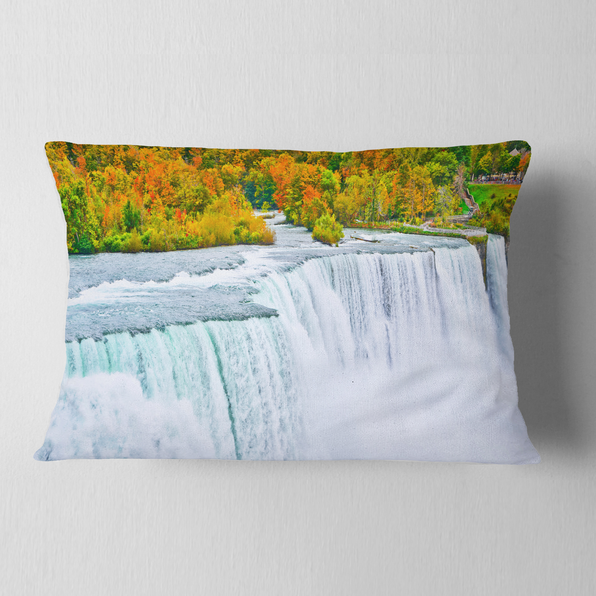 Designart Autumn Niagara Falls Panorama - Landscape Printed Throw Pillow - 12x20