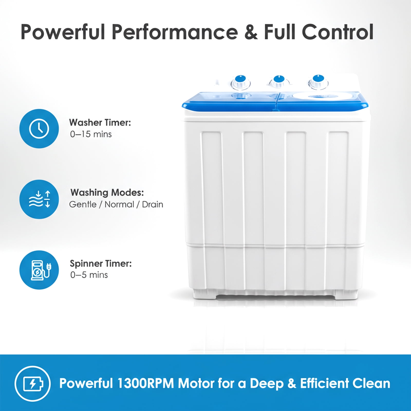 Artbros 14lbs Portable Twin Tub Washing Machine, Compact Electric Washer with Drain Pump for Apartment, Dorm, Blue