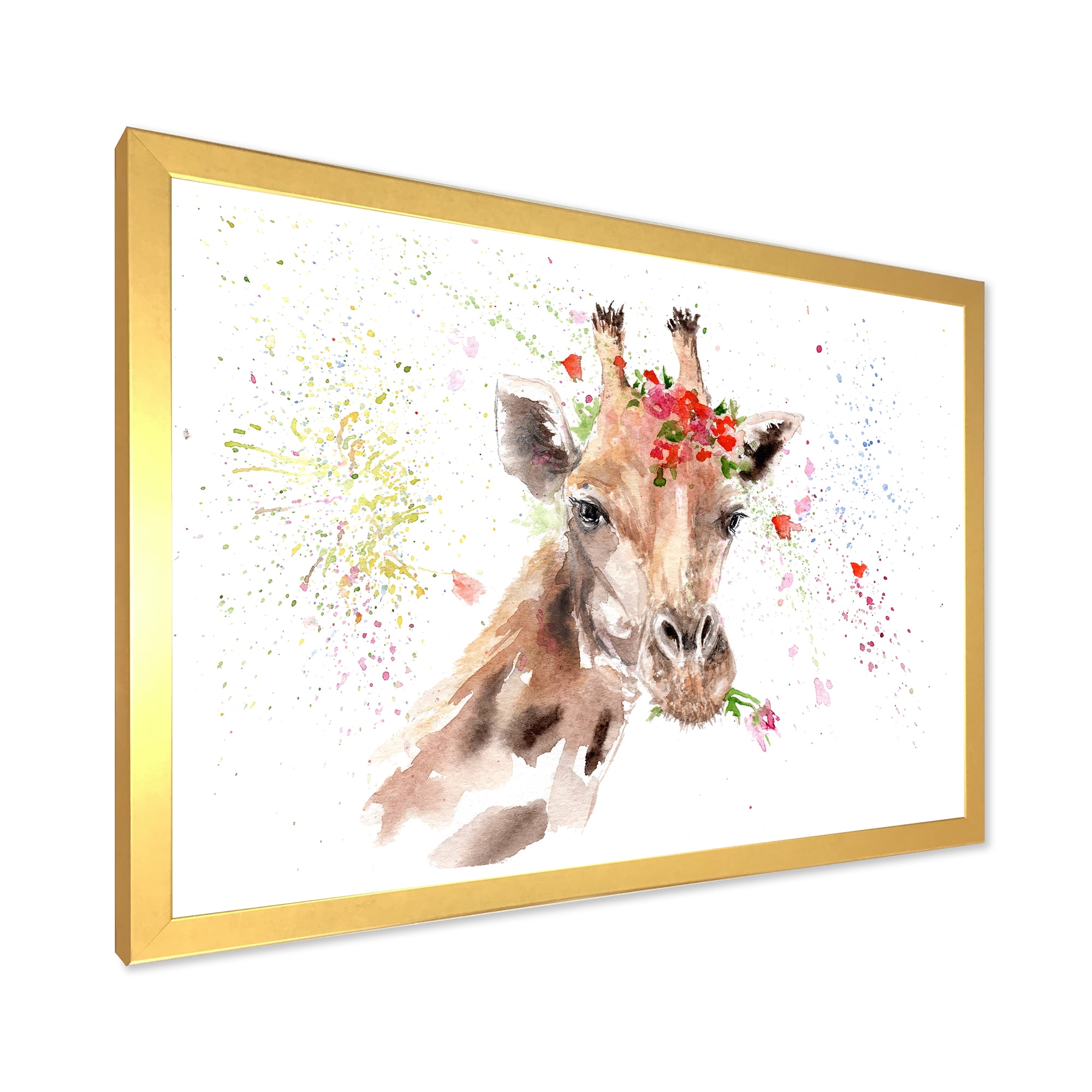 Designart 'Portrait of A Giraffe With Red Flowers II' Farmhouse Framed Art Print