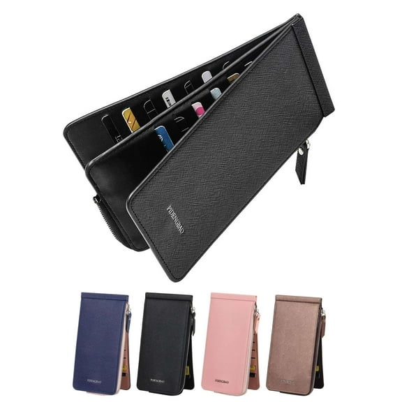 LAVA Leather Wallets for Women Men RFID Blocking Slim Bofild Purse Card Holder with Zipper Pocket Phone Wallet Black