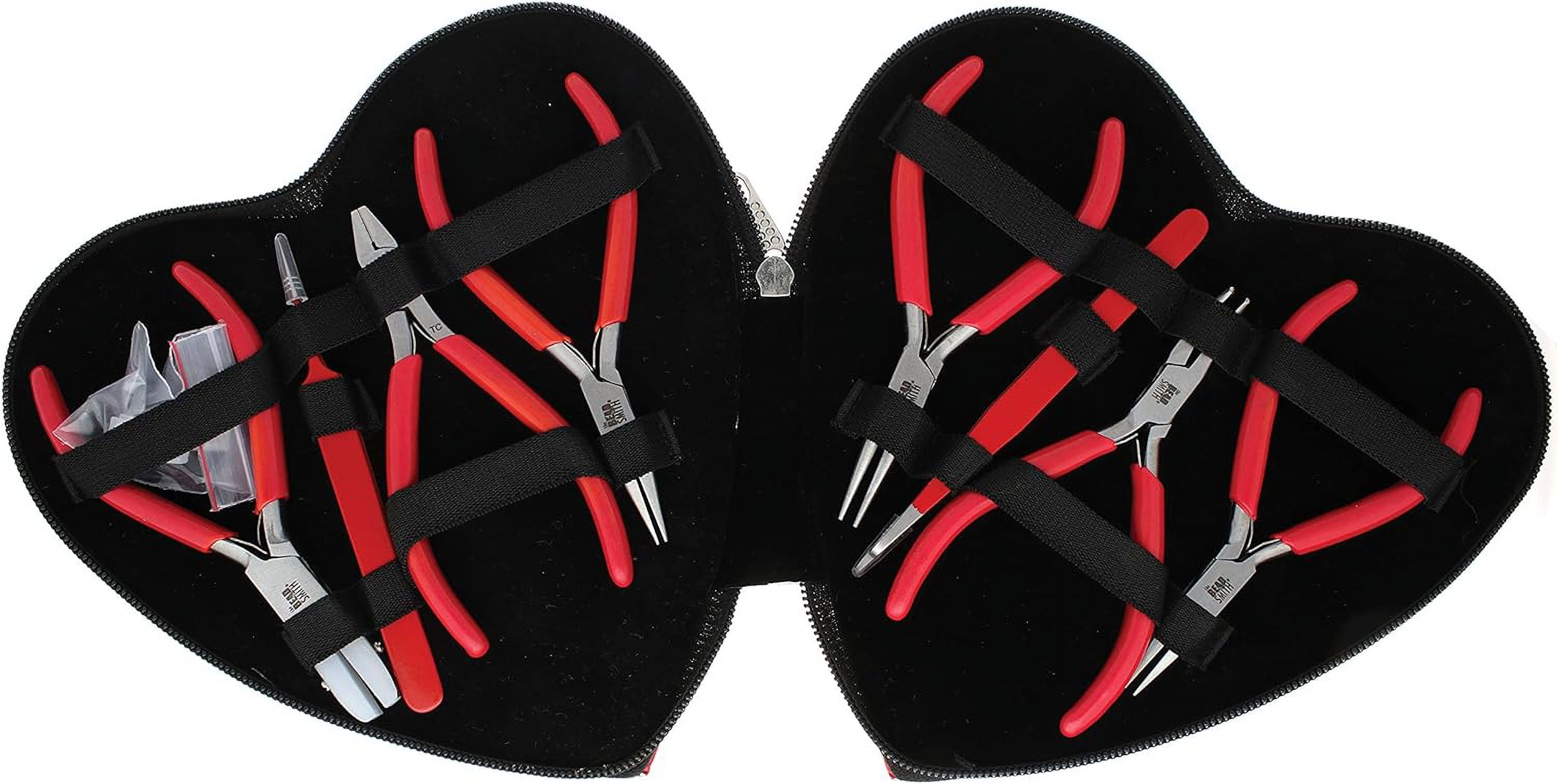 The Beadsmith I ❤ Beads Pliers - 4.5 Inches, 8-Piece Set: Round Nose, Chain Nose, Bent Chain Nose, Flat Nose, Nylon Jaw, Tweezers & Tungsten Carbide Side Cutter – Heart-Shaped Carrying Case Included…