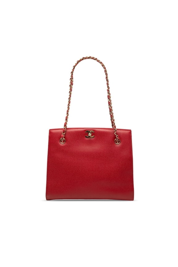 Pre-Owned Chanel Coco Mark Chain Shoulder Bag Tote, Red Caviar Leather, Women's CHANEL