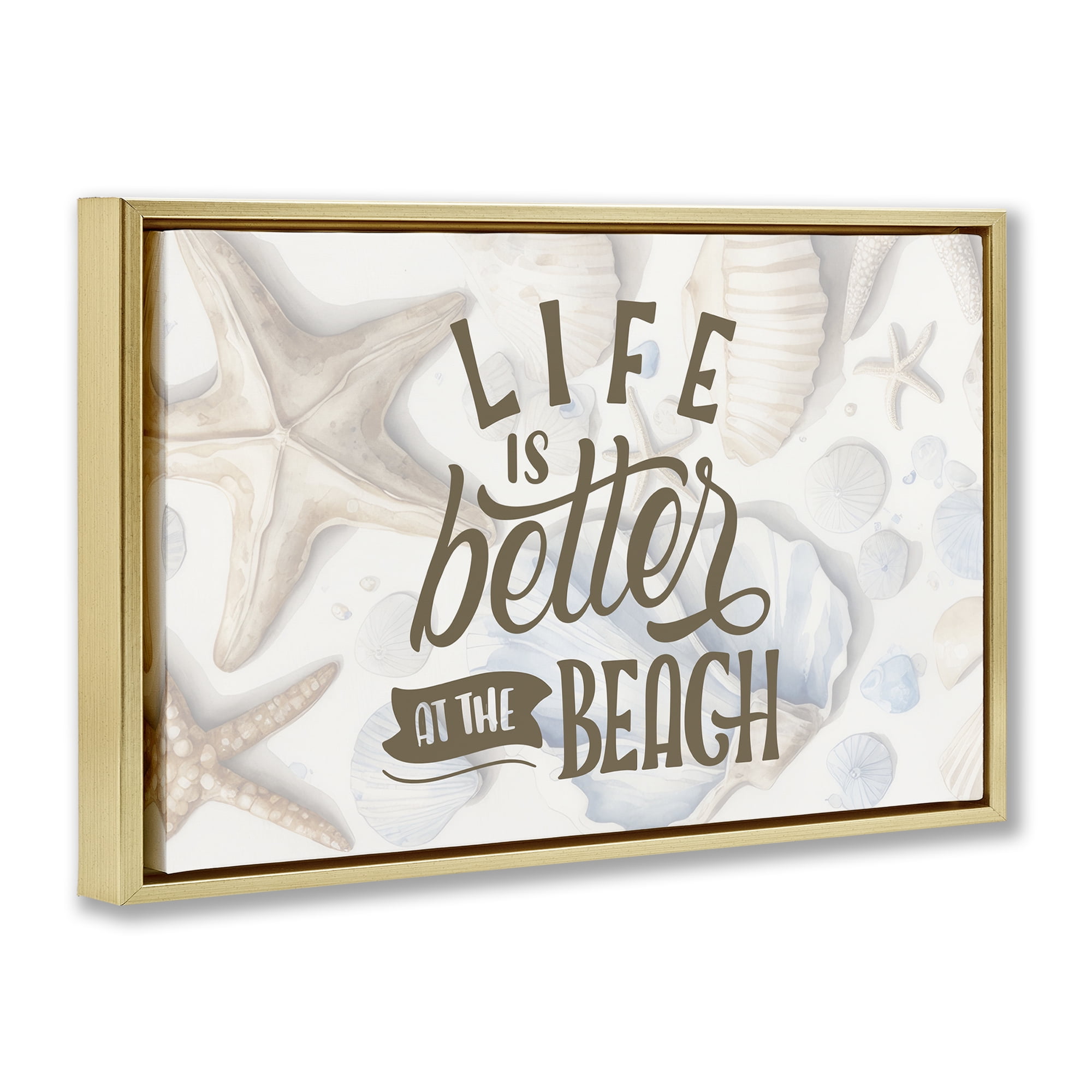 Stupell Industries Better At Beach Seashells Gold Framed Floater Canvas Wall Art, design by Kim Allen