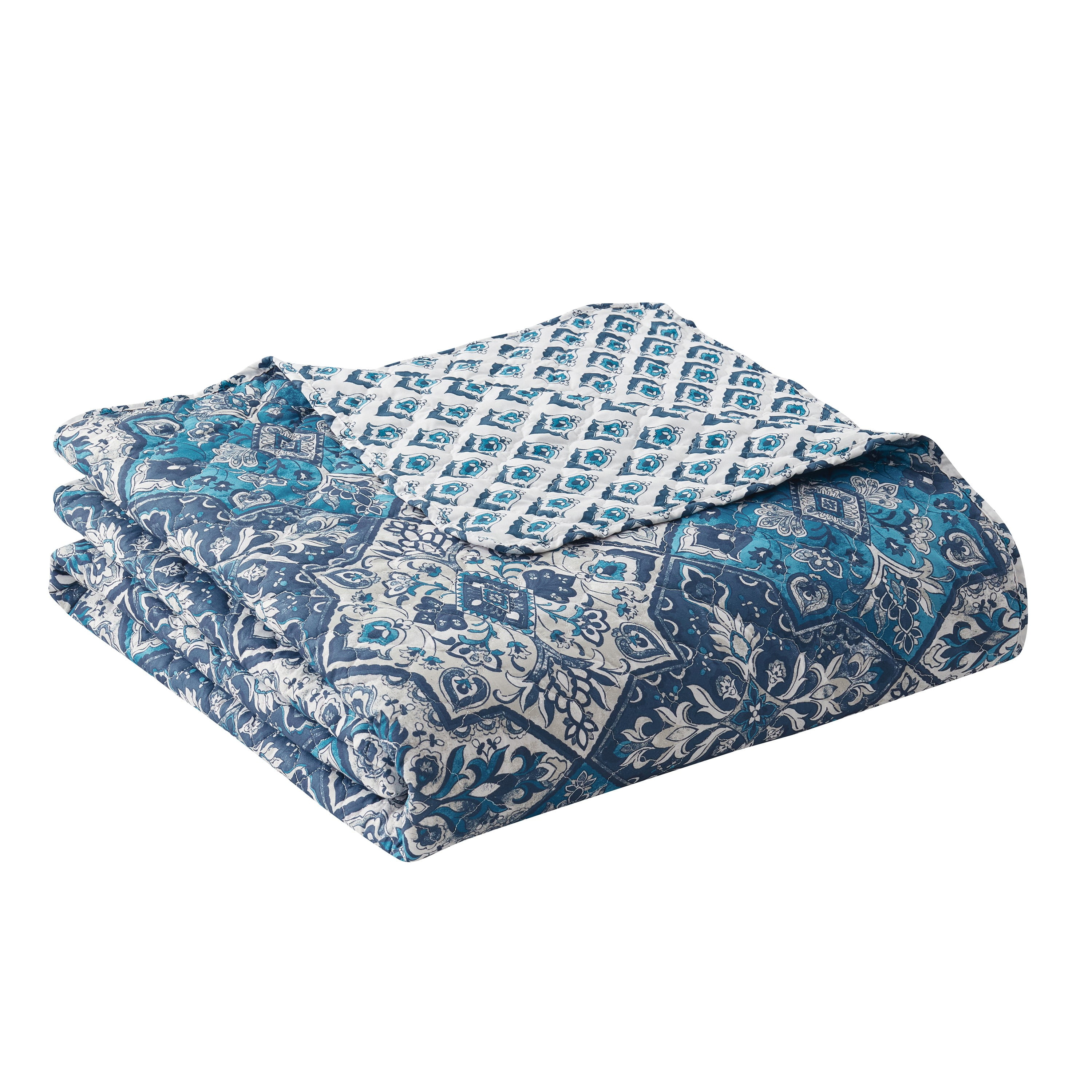 Indigo Ink Denim 3-Piece Blue Reversible Medallion Boho Quilt Set, Twin