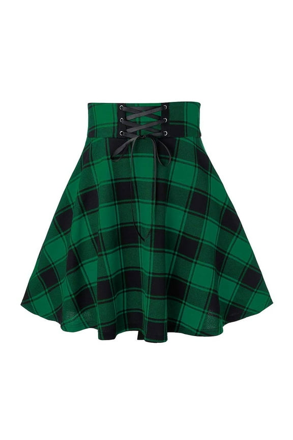Women Pleated Skirt Casual High Waist Mini Skirt Flare A-line Mini Skirt Green,S