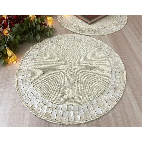 Set of 6, Handmade beaded placemats, living room table decoration, tablemat, white pearl