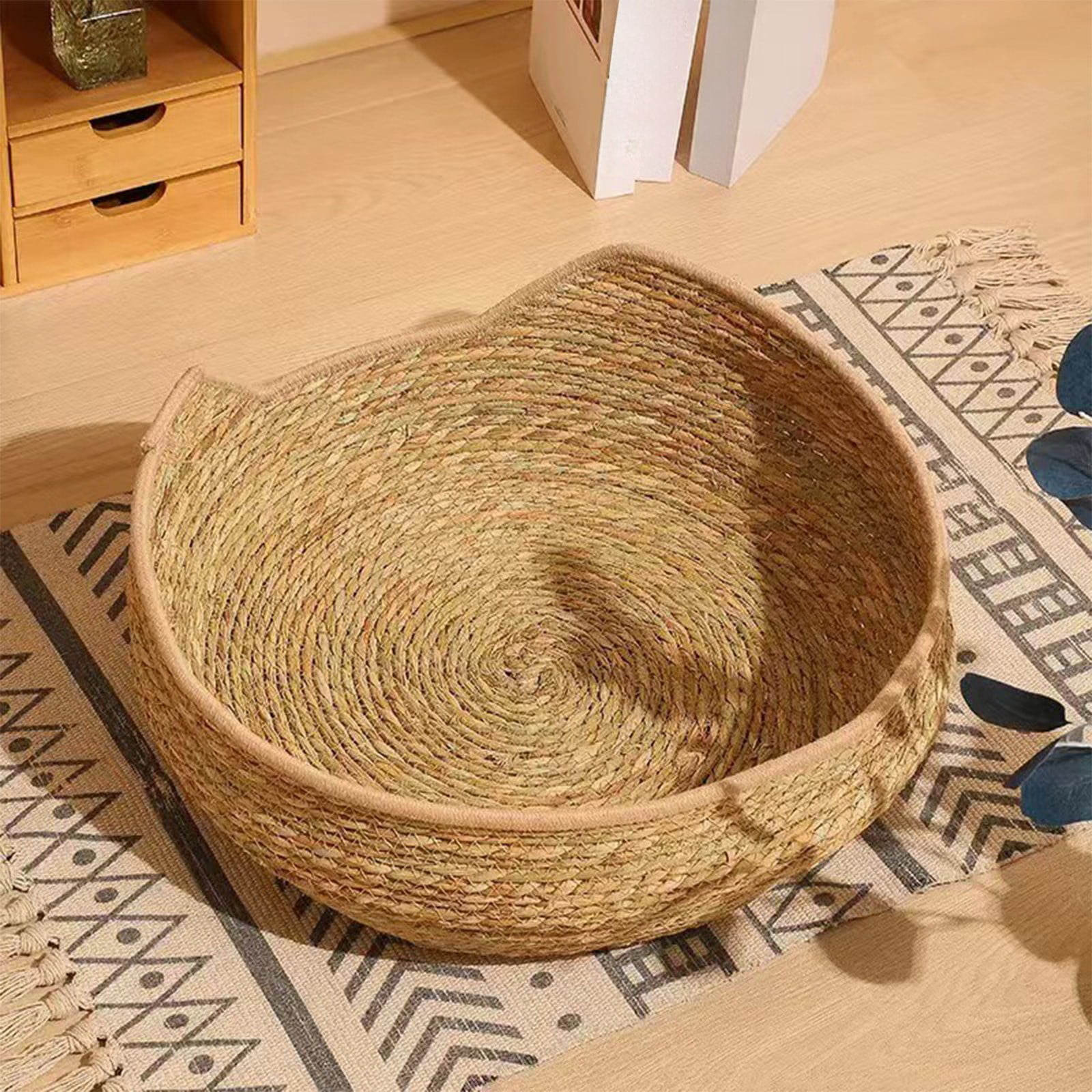SPOORYYO Woven Grass Pet Bed (Cats), Polyester Scratch Pad Bed for All Seasons, Detachable Washable, 34x34x13cm/13.77x13.77x5.12in, Khaki & Army Green (1 Piece)