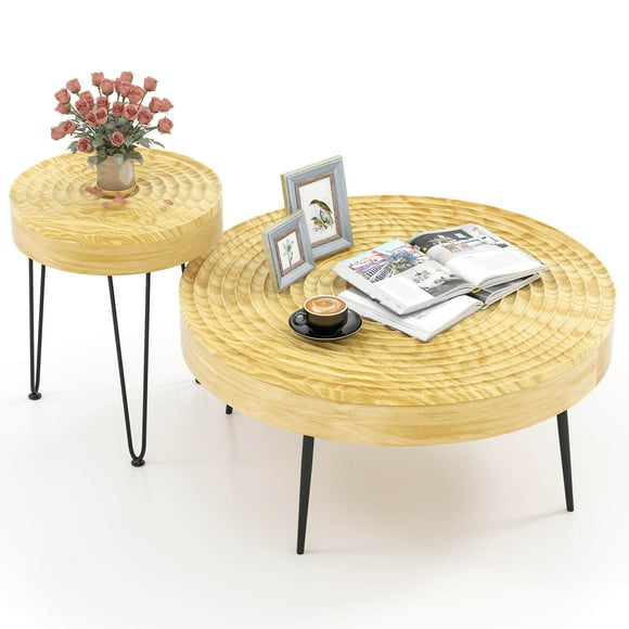 Costway Farmhouse Round CoffeeTable Set of 2 End Table Natural Finish for Living Room