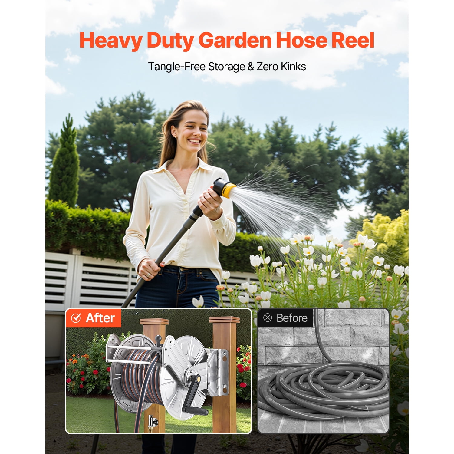KFFKFF Wall-Mounted Garden Hose Reel, Fits 150 ft 5/8-inch Hose, Durable Stainless Steel Construction, Outdoor Manual Winder with Brass Connector & Hose Guide, Space-Saving Design for Lawn, Yard