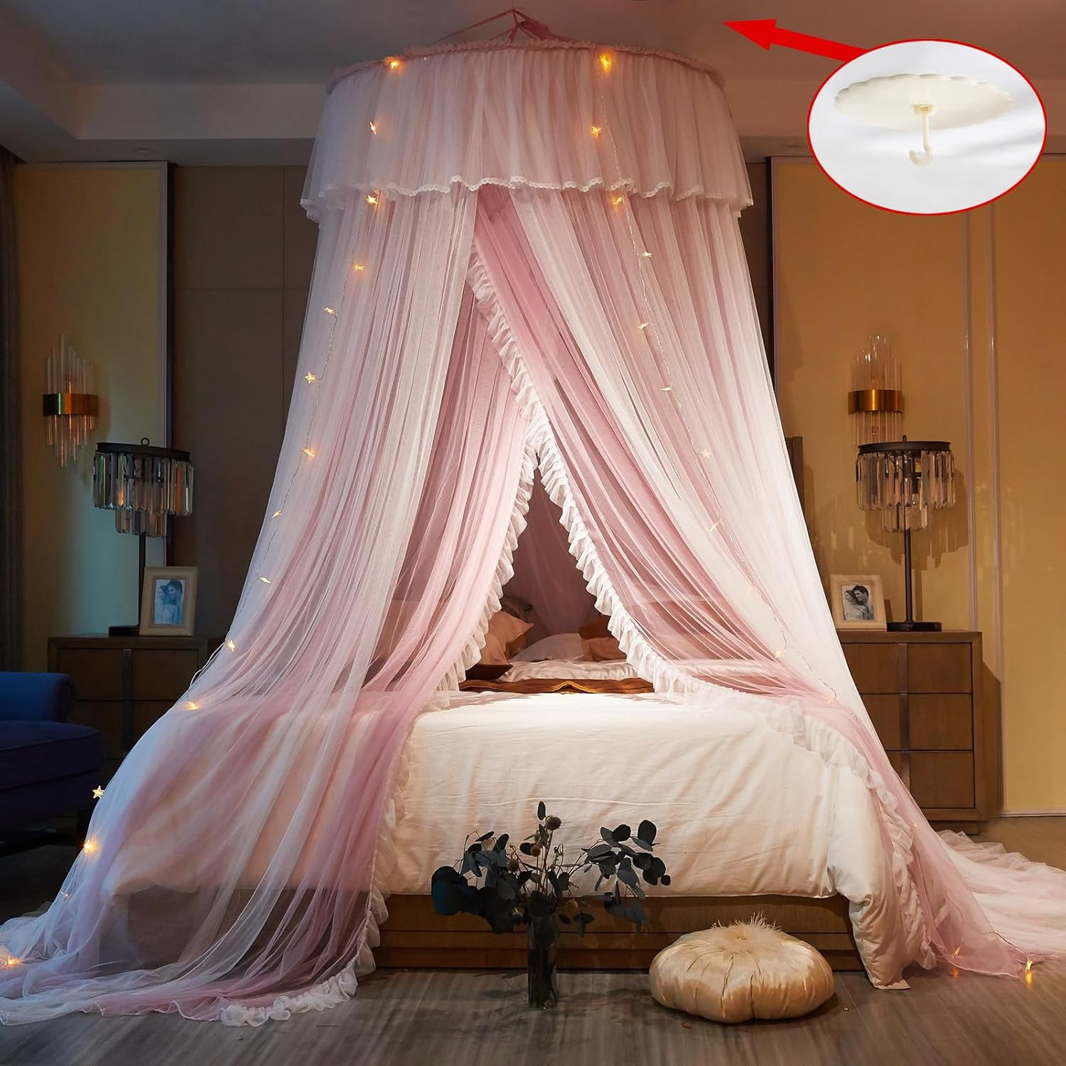 Princess Bed Canopy for Girls & Adults, Elegant Double-Layer Bed Curtain, Children's Dream Round Lace Mosquito Net, Princess Canopy Net - Fits Twin, Full, Queen, and King Beds (Light Gray)