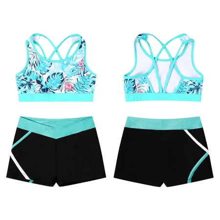 YIZYIF Kids Girls 2Pcs Swimsuit Strappy Back Printed Sleeveless Crop Top with Low Rise Shorts Sports Suit Leaf 10