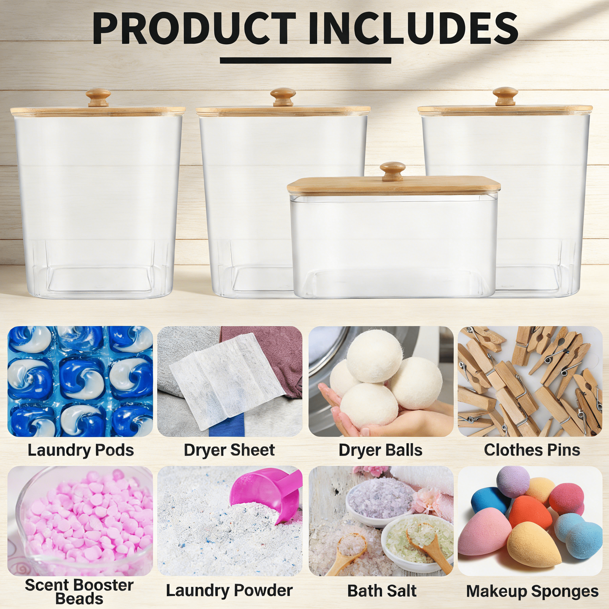 Laundry Pods Container & Dryer Sheet Holder, 4Pack Laundry Room Organization and Storage, Laundry Detergent Power Container with Bamboo Lids,Labels, Scoop