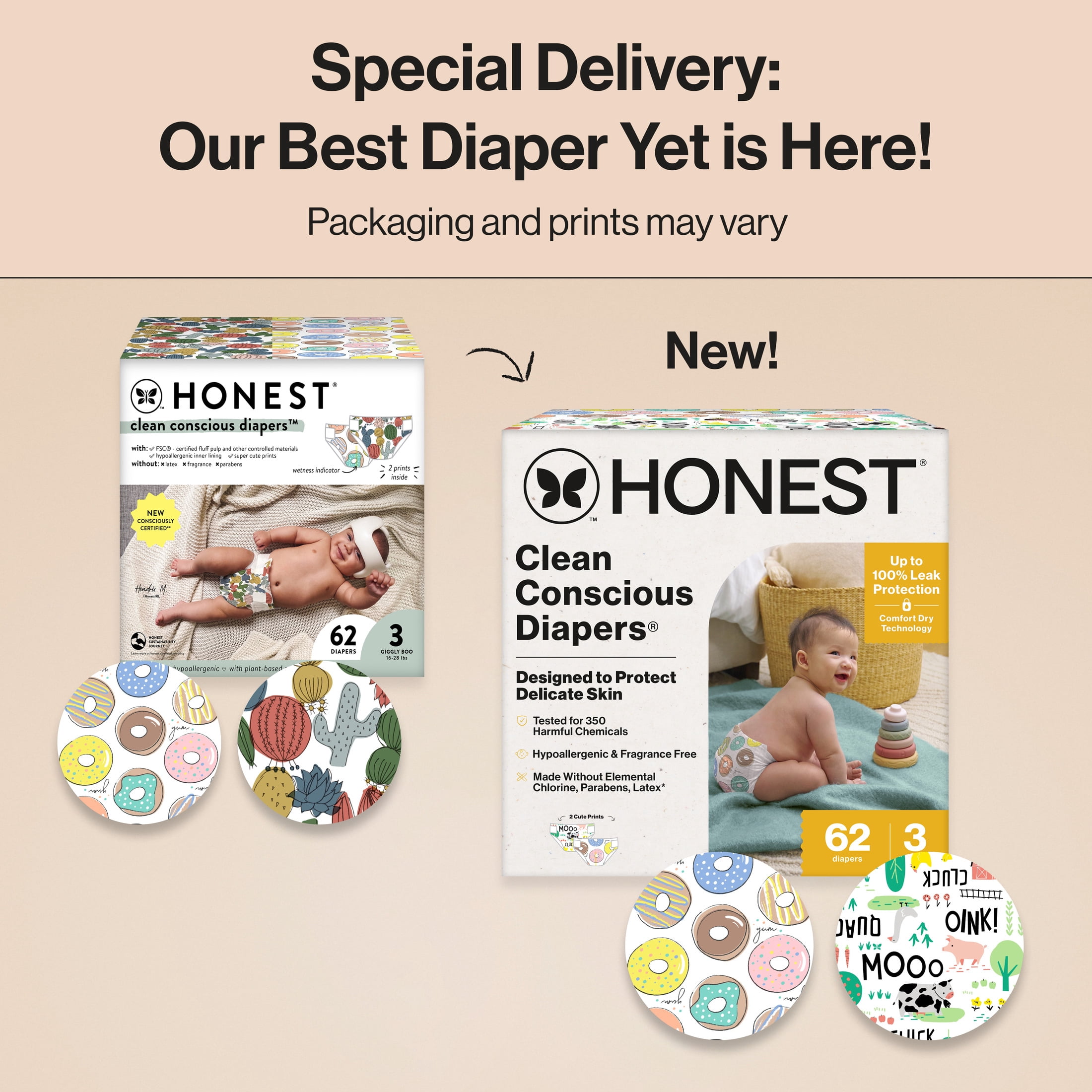 The Honest Company Clean Conscious Diapers® Up to 100% Leak Protection Designed to Protect Delicate Skin Hypoallergenic + Fragrance Free Barnyard Babes + Donuts Grow Up, Size 3, 62 Count