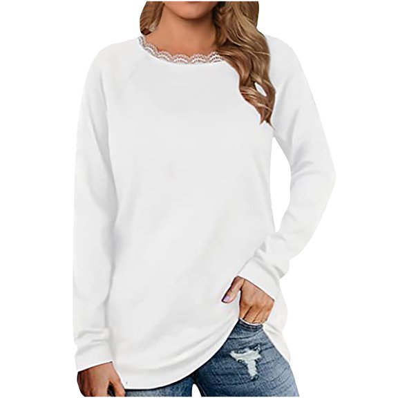 Annhoo Womens Long Sleeve Tops Fall Elegant Lace Trim Round Neck Blouses Trendy Comfy Going out Vacation Shirts