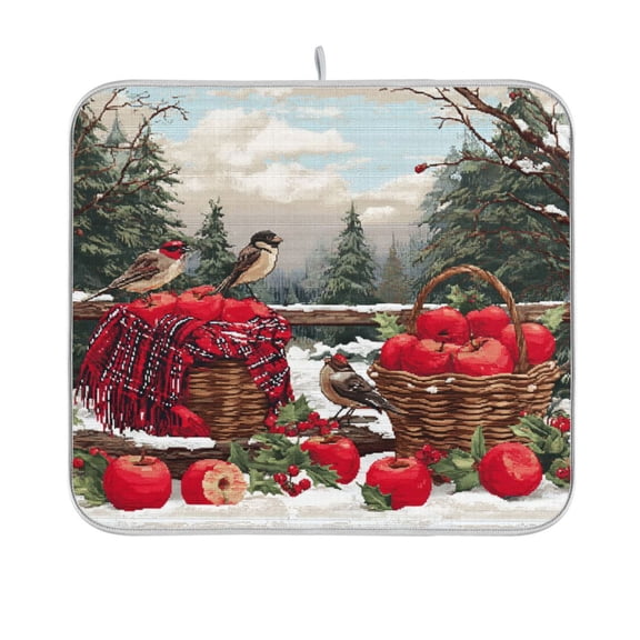 Dish Drying Mat Microfiber Kitchen Pad Large Counter Absorbent Dish Mats Drainer Rack 16"x18" Apples and Baskets