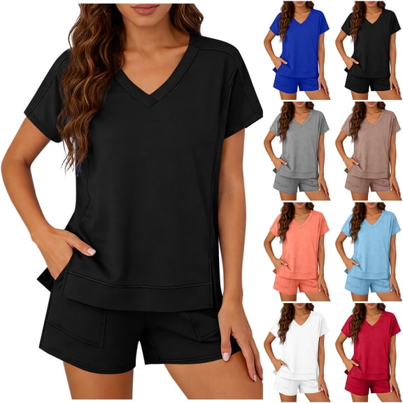Bloomae Womens Two Piece Sets Summer V Neck Basic Solid Color Athletic Workout Short Sets Loose Casual Side Slit Short Sleeve Pullover Tops and Drawstring Elastic Waist Shorts with Pockets Black XXL