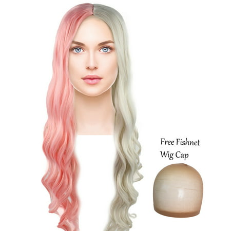 Long Curly Wigs Two Tone Hair Fuchsia Pink and Blonde Wave 28