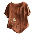 thumbnail image 2 of Yaoyar Cotton Linen Tops for Womens 2024 Crewneck Roll Up Short Sleeve Tshirt Trendy Floral Print Casual Loose Blouse, 2 of 5