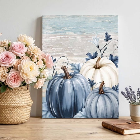 Canvas Wall Art Navy Blue Pumpkin Fall Framed Canvas Prints for Living Room Bedroom Thanksgiving Botanical Wooden Leaves Large Gallery Wrapped Wall Decor for Home Office Gifts 16 x20