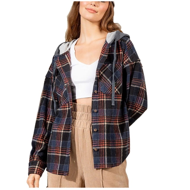 jsaierl Chandails à Capuchon pour Femmes à Carreaux Chemises à Manches Longues Boutonnées Surchemise à Capuche Veste avec Poche Poitrine