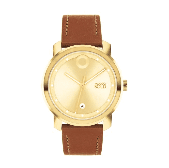 Movado Bold 3601019 Trend Element Gold Dial Brown Leather Band