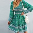 thumbnail image 3 of Vestido de manga larga con cuello en V para mujer, elegante, elástico, fruncido, estampado floral, para fiesta en la playa, verde, XL, 3 of 6