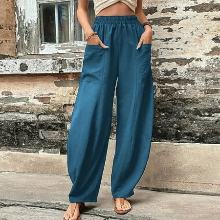 

Womens Cotton Linen Capri Pants Summer Elastic Waisted Casual Pants Wide Leg Loose Fit Comfy Pajama Beach Trousers EKOUSN