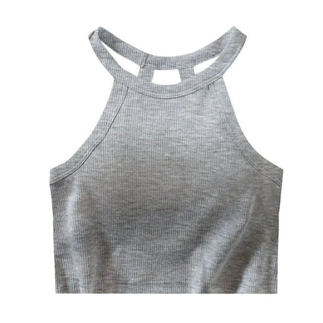 AherBiu Camisoles Courtes pour Femmes avec Soutien-Gorge Intégré, Tricot Côtelé, Col Licou, Décontractées pour Sorties