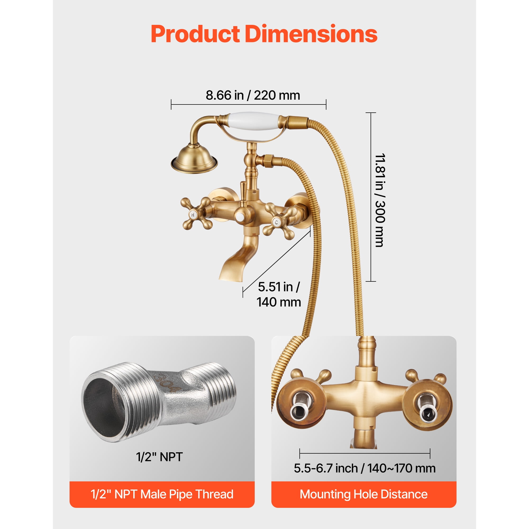 KFFKFF Wall-Mounted Clawfoot Tub Faucet with Handheld Shower, Vintage Brushed Gold Finish, Adjustable Swing Arms, and 360° Rotating Spout for Bathtubs