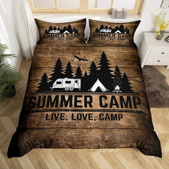 Happy Summer Camp Bedding Set Twin Size,Rustic Farmhouse Camping Duvet Cover for Kids Boys Bed Comforter Cover Set,Retro Brown Wooden Board Bedding Quilt Cover Set Decorative 2 Pieces
