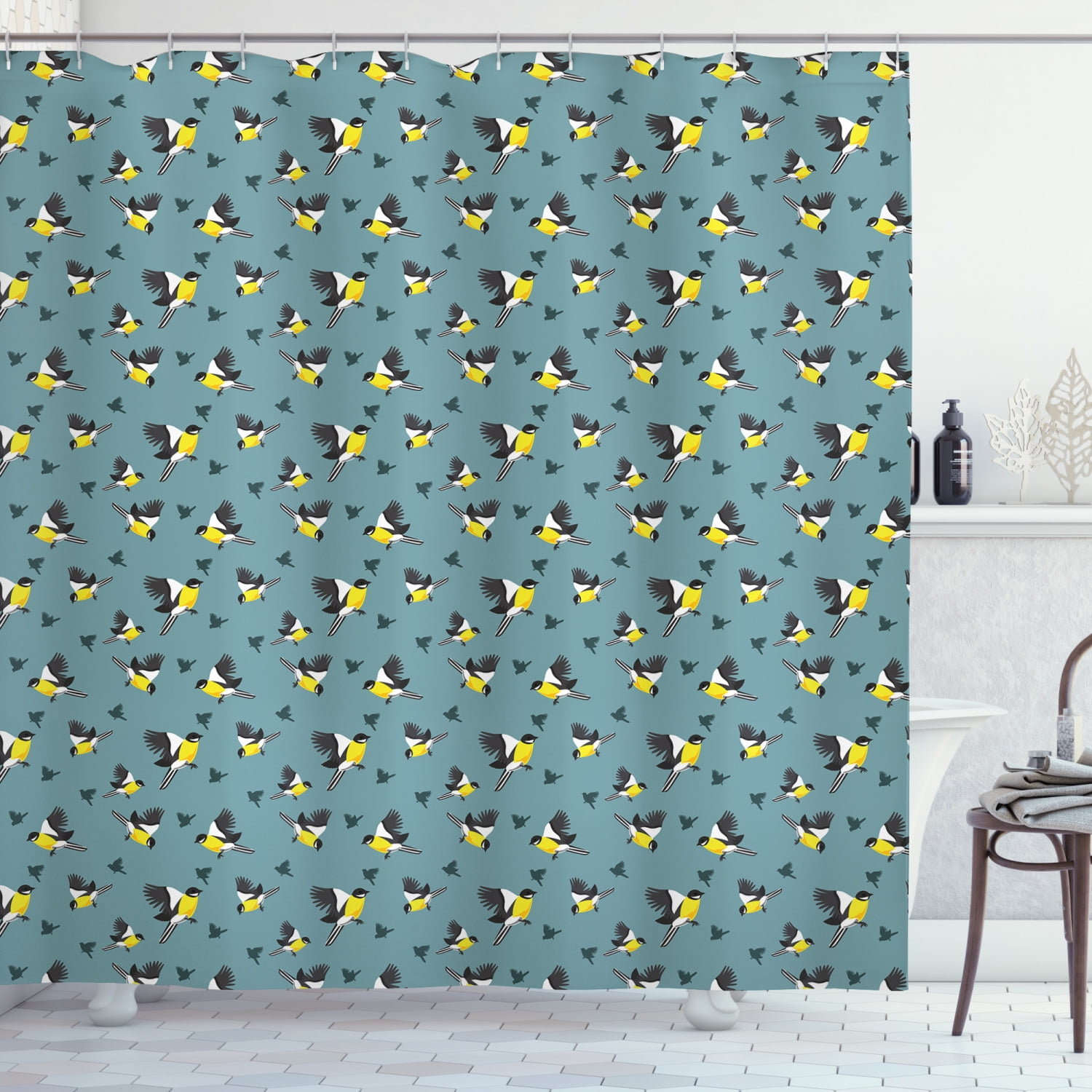 Bird Shower Curtain, New Zealand Tomtits Exotic Animal Pattern