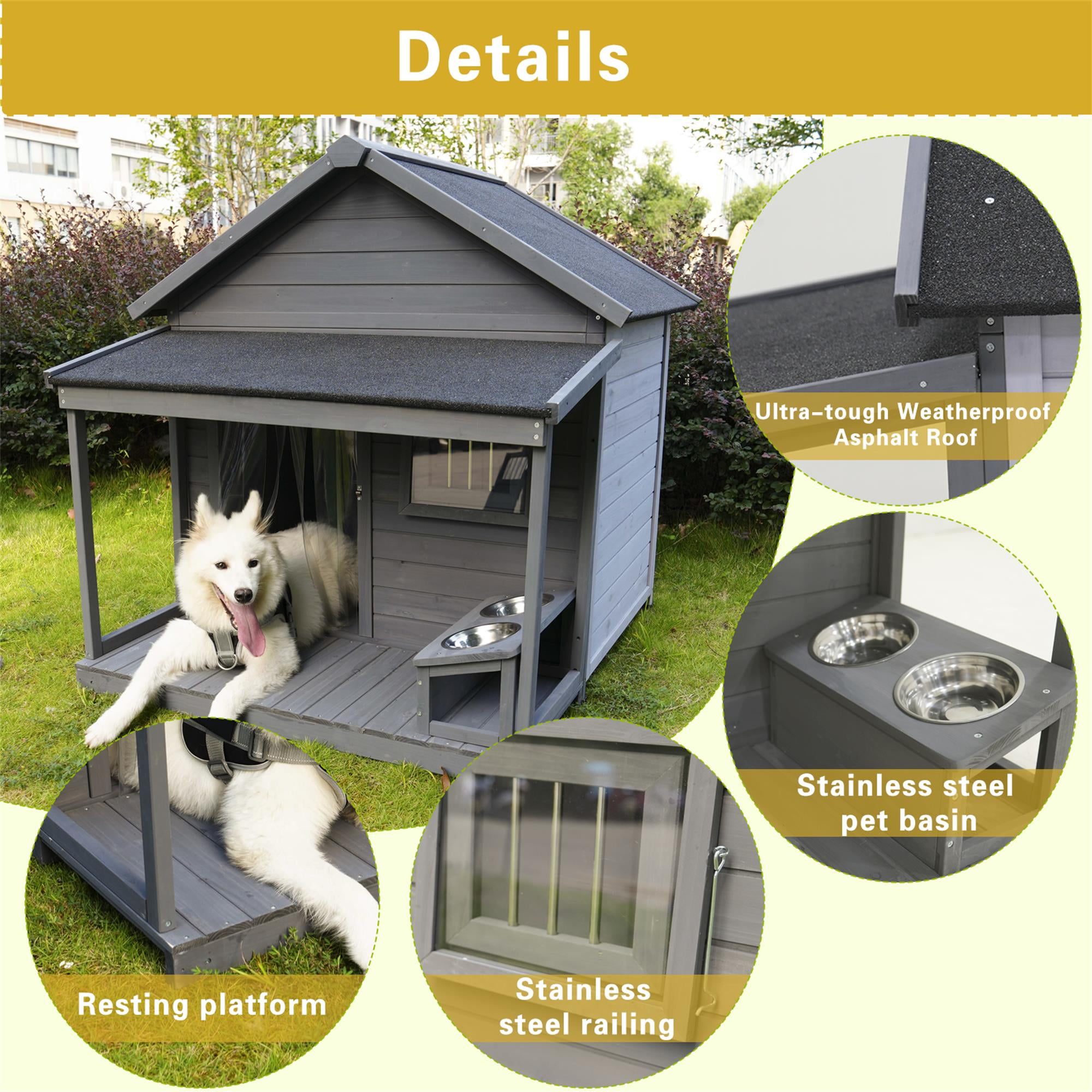 Pefilos 44" Wooden Dog House Outdoor Large Dog Kennel Weatherproof with Cleaning Mat, Terrace for Small to Medium Dogs, Gray Pefilos 44" Wooden Dog House Outdoor Large Dog Kennel Weatherproof with Cleaning Mat, Terrace for Small to Medium Dogs, Gray